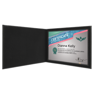 9" x 12" Black/Silver Laserable Leatherette Certificate Holder for 8 1/2" x 11"
