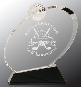 6" Clear Crystal Oblong Golf Award on Black Crystal Base
