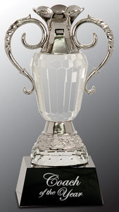 8" Crystal Cup with Silver Metal Handles on Black Pedestal Base