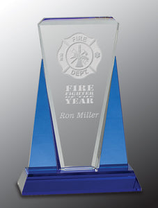 6" x 8 1/2" Blue/Clear Wedge Crystal on Blue Pedestal Base
