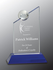 8 1/4" Clear Crystal with Inset Crystal Globe and Blue Base