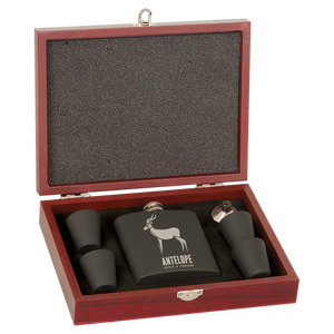 6 oz. Matte Black Laserable Stainless Steel Flask Set in Wood Presentation Box