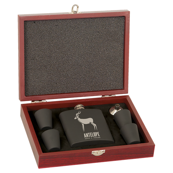 6 oz. Matte Black Laserable Stainless Steel Flask Set in Wood Presentation Box