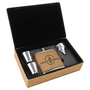 6 oz. Light Brown Laserable Leatherette Flask Gift Set
