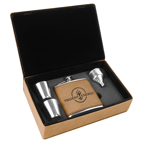 6 oz. Light Brown Laserable Leatherette Flask Gift Set