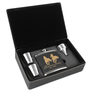 6 oz. Black/Gold Laserable Leatherette Flask Gift Set