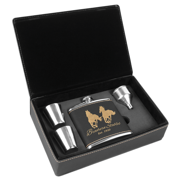 6 oz. Black/Gold Laserable Leatherette Flask Gift Set
