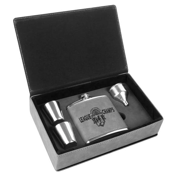 6 oz. Gray Laserable Leatherette Flask Gift Set