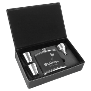 6 oz. Black/Silver Laserable Leatherette Flask Gift Set
