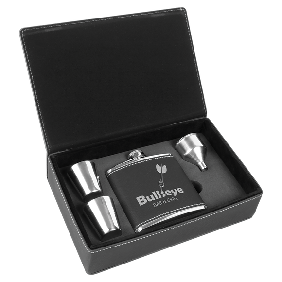 6 oz. Black/Silver Laserable Leatherette Flask Gift Set