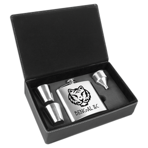 6 oz. Stainless Steel Flask Set in Black/Silver Laserable Leatherette Box