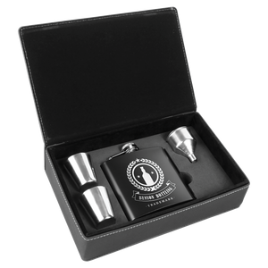 6 oz. Black Stainless Steel Flask Set in Black/Silver Laserable Leatherette Box