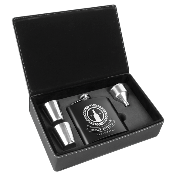 6 oz. Black Stainless Steel Flask Set in Black/Silver Laserable Leatherette Box