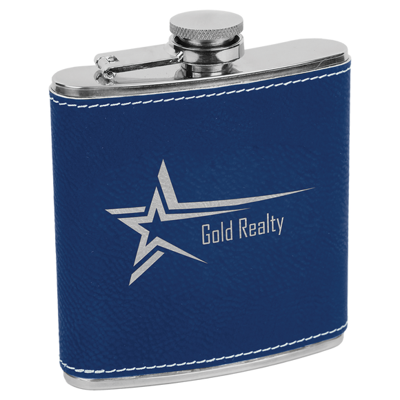 6 oz. Blue/Silver Laserable Leatherette Stainless Steel Flask