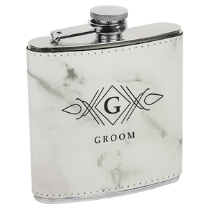 6 oz.White Marble Laserable Leatherette Stainless Steel Flask
