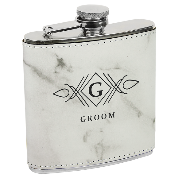 6 oz.White Marble Laserable Leatherette Stainless Steel Flask