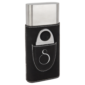 Black/Silver Laserable Leatherette Cigar Case with Cutter