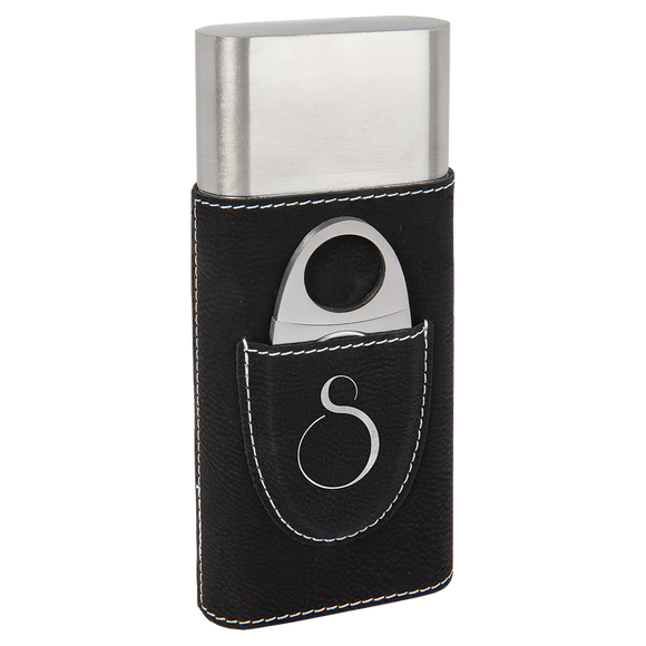 Black/Silver Laserable Leatherette Cigar Case with Cutter
