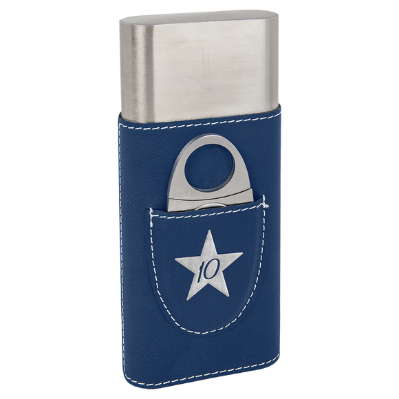 Blue/Silver Laserable Leatherette Cigar Case with Cutter