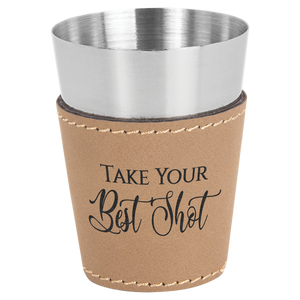 2 oz. Light Brown Laserable Leatherette & Stainless Steel Shot Glass
