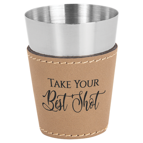 2 oz. Light Brown Laserable Leatherette & Stainless Steel Shot Glass