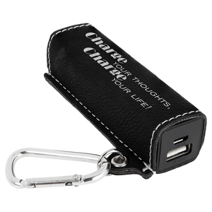 Black/Silver Laserable Leatherette 2200 mAh Power Bank with USB Cord
