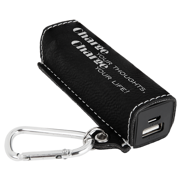 Black/Silver Laserable Leatherette 2200 mAh Power Bank with USB Cord