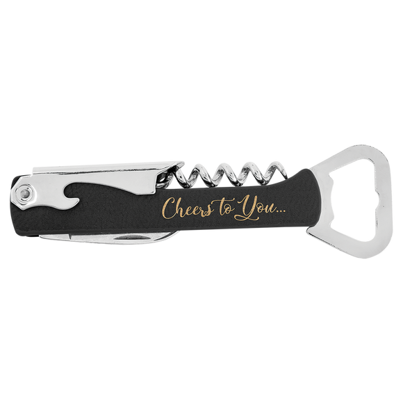 Black/Gold Laserable Leatherette Wine Bottle Opener