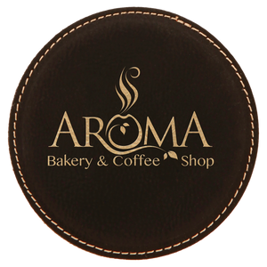 4" Black/Gold Round Laserable Leatherette Coaster
