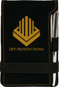 3 1/4" x 4 3/4" Black/Gold Laserable Leatherette Mini Notepad with Pen