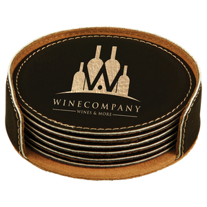 4" Black/Gold Round Laserable Leatherette 6-Coaster Set