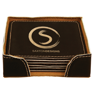 4" x 4" Black/Gold Square Laserable Leatherette 6-Coaster Set