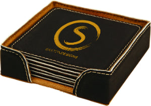4" x 4" Black/Gold Square Laserable Leatherette 6-Coaster Set