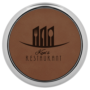3 5/8" Round Dark Brown Laserable Leatherette Coaster w/ Silver Edge