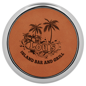 3 5/8" Round Rawhide Laserable Leatherette Coaster w/ Silver Edge