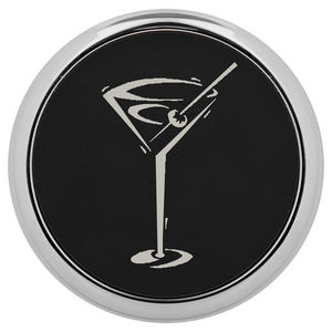 3 5/8" Round Black/Silver Laserable Leatherette Coaster w/ Silver Edge