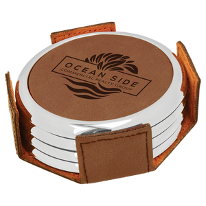 3 5/8" Round Dark Brown Laserable Leatherette 4-Coaster Set w/Silver Edge