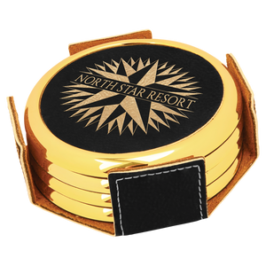 3 5/8" Round Black/Gold Laserable Leatherette 4-Coaster Set w/Gold Edge
