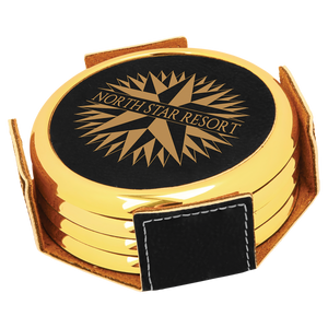 3 5/8" Round Black/Gold Laserable Leatherette 4-Coaster Set w/Gold Edge
