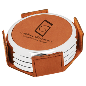 3 5/8" Round Rawhide Laserable Leatherette 4-Coaster Set w/Silver Edge