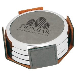 3 5/8" Round Gray Laserable Leatherette 4-Coaster Set w/Silver Edge