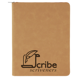 9 1/2" x 12" Light Brown w/ Zipper Laserable Leatherette Portfolio with Notepad