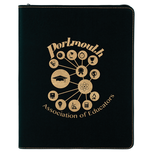 9 1/2" x 12" Black/Gold with Zipper Laserable Leatherette Portfolio with Notepad