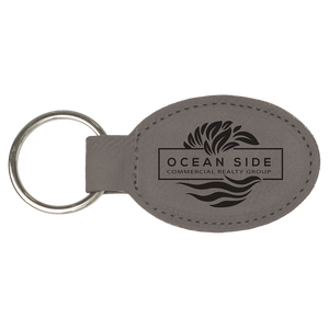 3" x 1 3/4" Gray Laserable Leatherette Oval Keychain