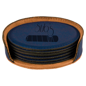 4" Blue Round Laserable Leatherette 6-Coaster Set