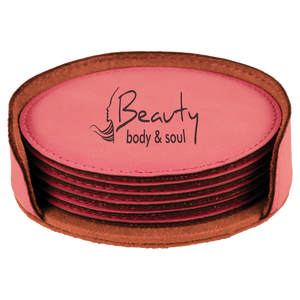 4" Pink Round Laserable Leatherette 6-Coaster Set