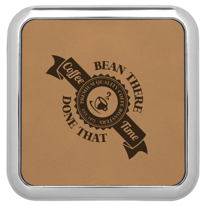 3 5/8" x 3 5/8" Square Light Brown Laserable Leatherette Coaster w/Silver Edge