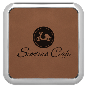 3 5/8" x 3 5/8" Square Dark Browh Laserable Leatherette Coaster w/Silver Edge