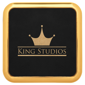 3 5/8" x 3 5/8" Square Black/Gold Laserable Leatherette Coaster w/Gold Edge