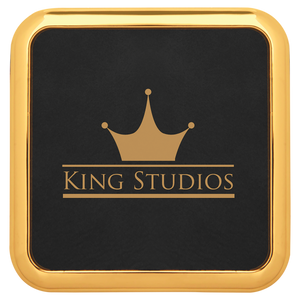 3 5/8" x 3 5/8" Square Black/Gold Laserable Leatherette Coaster w/Gold Edge